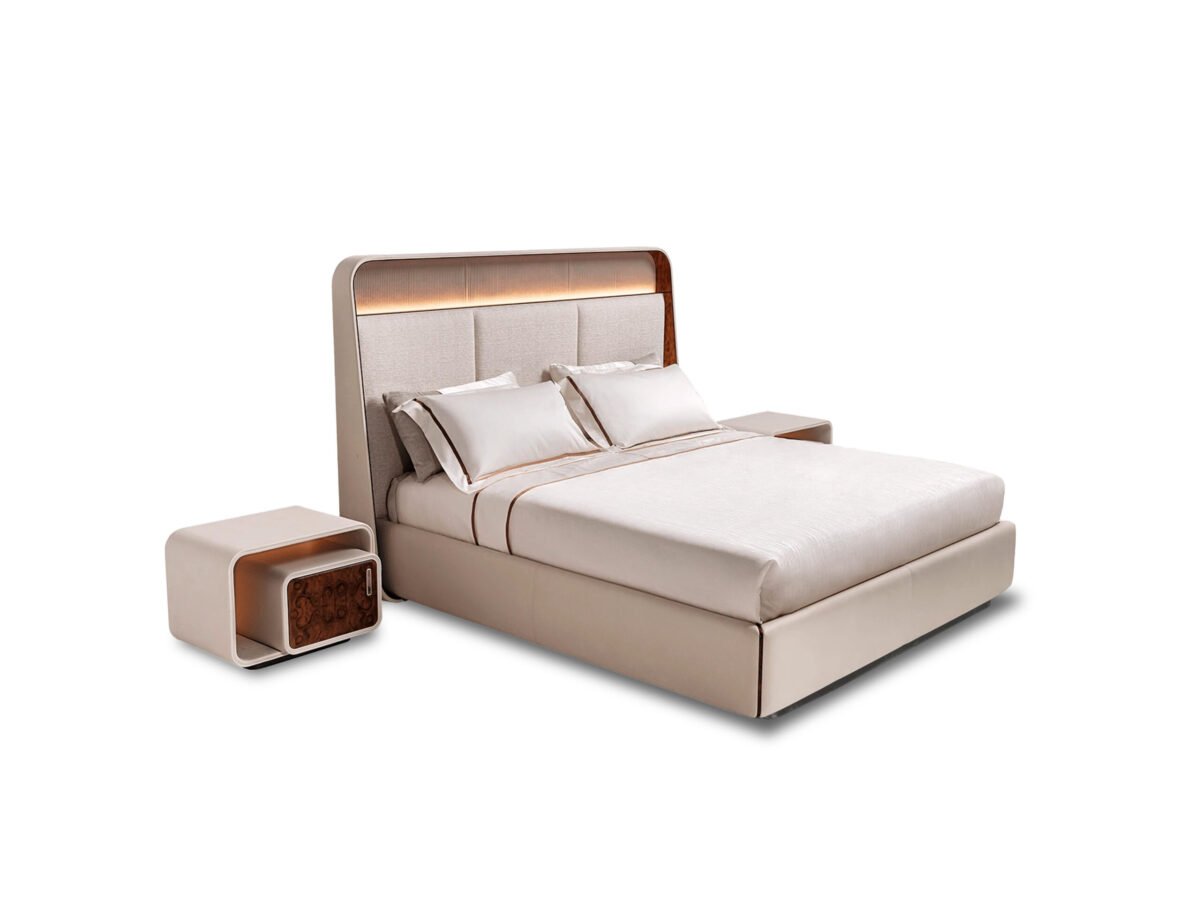 White poplar wood bed with LED lighting and faux leather headboard in modern bedroom