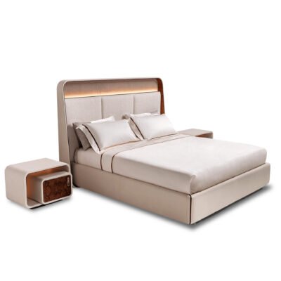 White poplar wood bed with LED lighting and faux leather headboard in modern bedroom