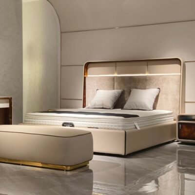 Beige leather upholstered bench showing multiple product views and dimensions 1580x660x430mm