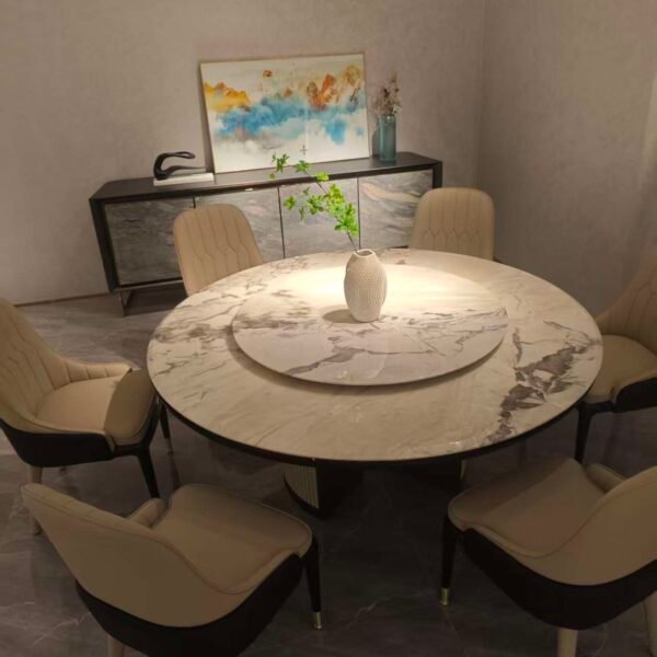 Modular dining table base shown from multiple angles displaying turntable sizes and dimensions