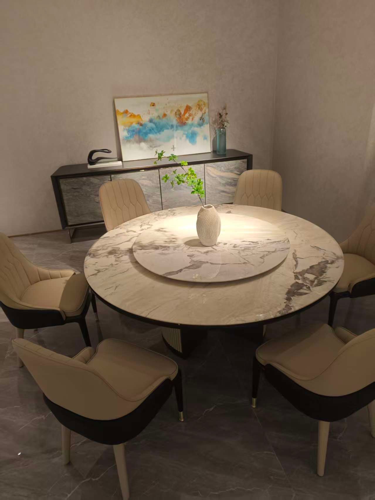 Modular dining table base shown from multiple angles displaying turntable sizes and dimensions