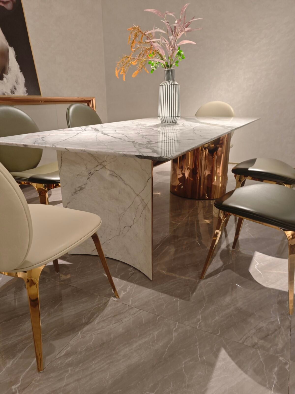 Luxury white marble table detail showing Cold River Snow veining pattern and gold hardware close-up