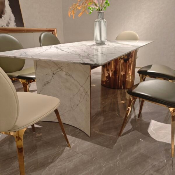 Luxury white marble table detail showing Cold River Snow veining pattern and gold hardware close-up