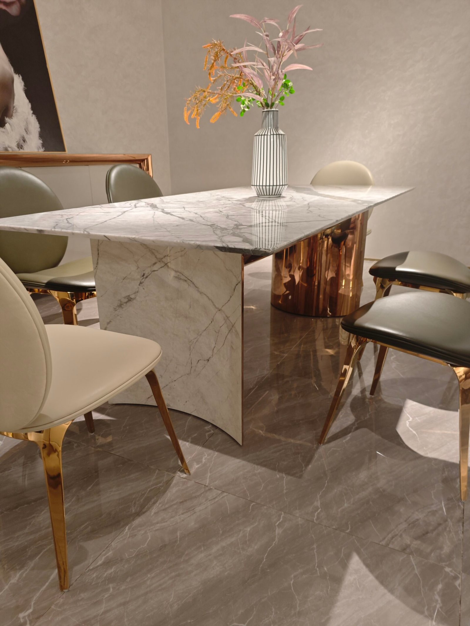 Luxury white marble table detail showing Cold River Snow veining pattern and gold hardware close-up