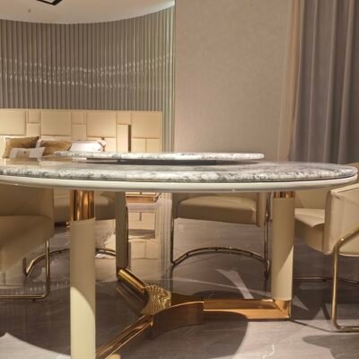 Dual marble dining furniture detail showing Elephant White and Versace Black marble contrast close-up