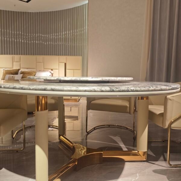 Dual marble dining furniture detail showing Elephant White and Versace Black marble contrast close-up