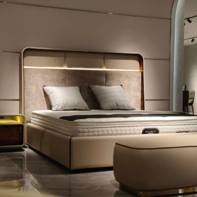 Luxury bedside cabinet design in upscale bedroom setting with ambient LED glow