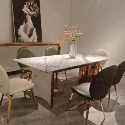 Premium stone dining table in luxury dining room with contemporary marble dining setting