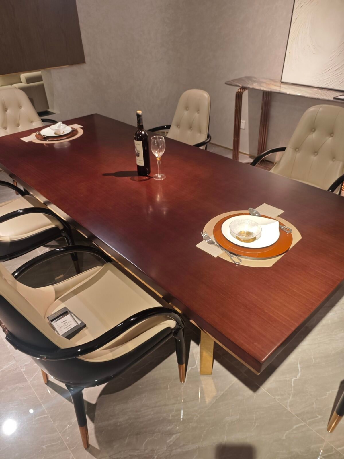 Inlay wood dining furniture detail showing geometric pattern craftsmanship and glossy finish close-up