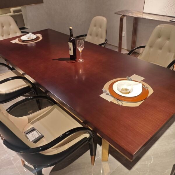 Inlay wood dining furniture detail showing geometric pattern craftsmanship and glossy finish close-up