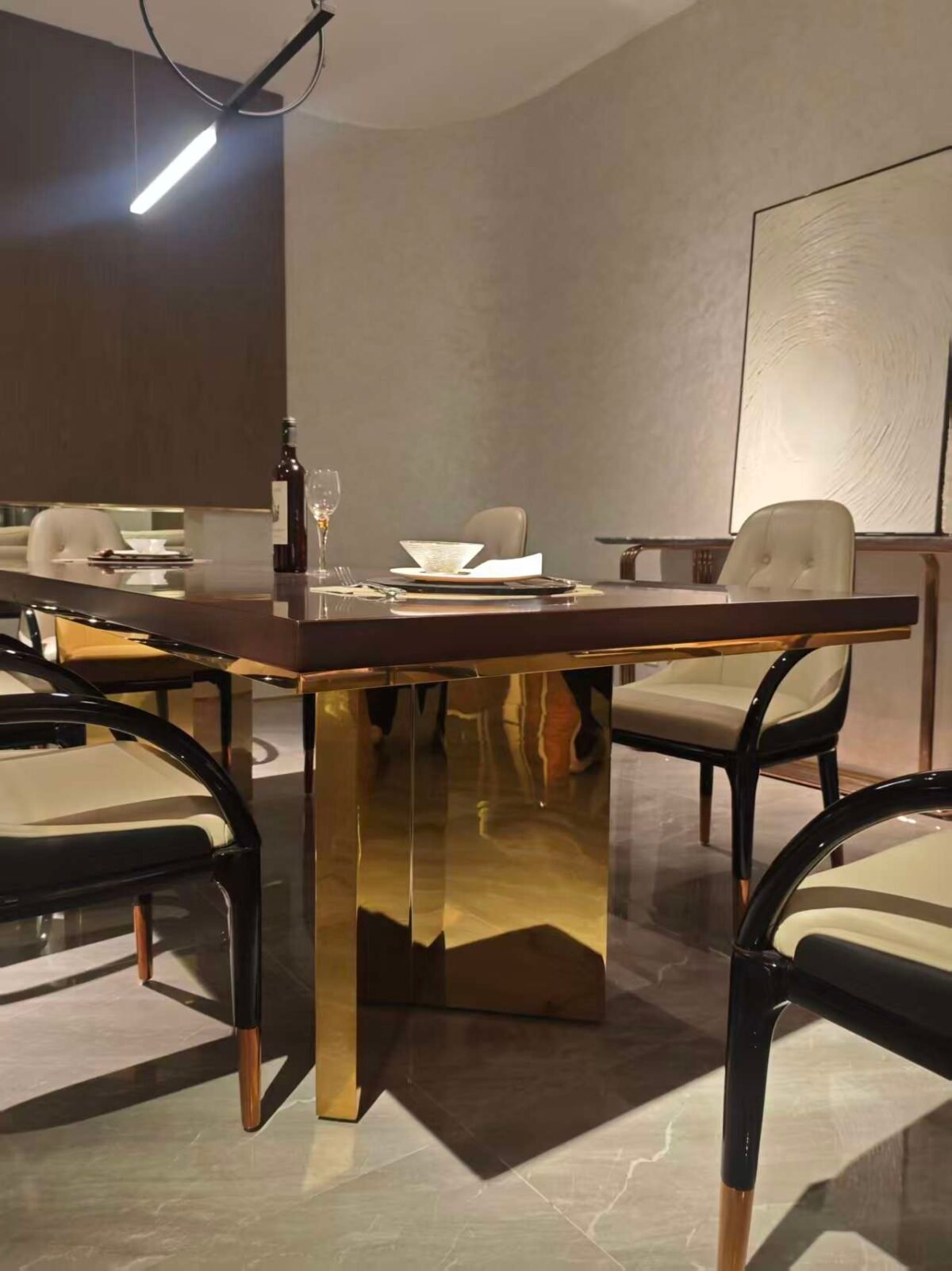 Inlay wood dining furniture detail showing geometric pattern craftsmanship and glossy finish close-up