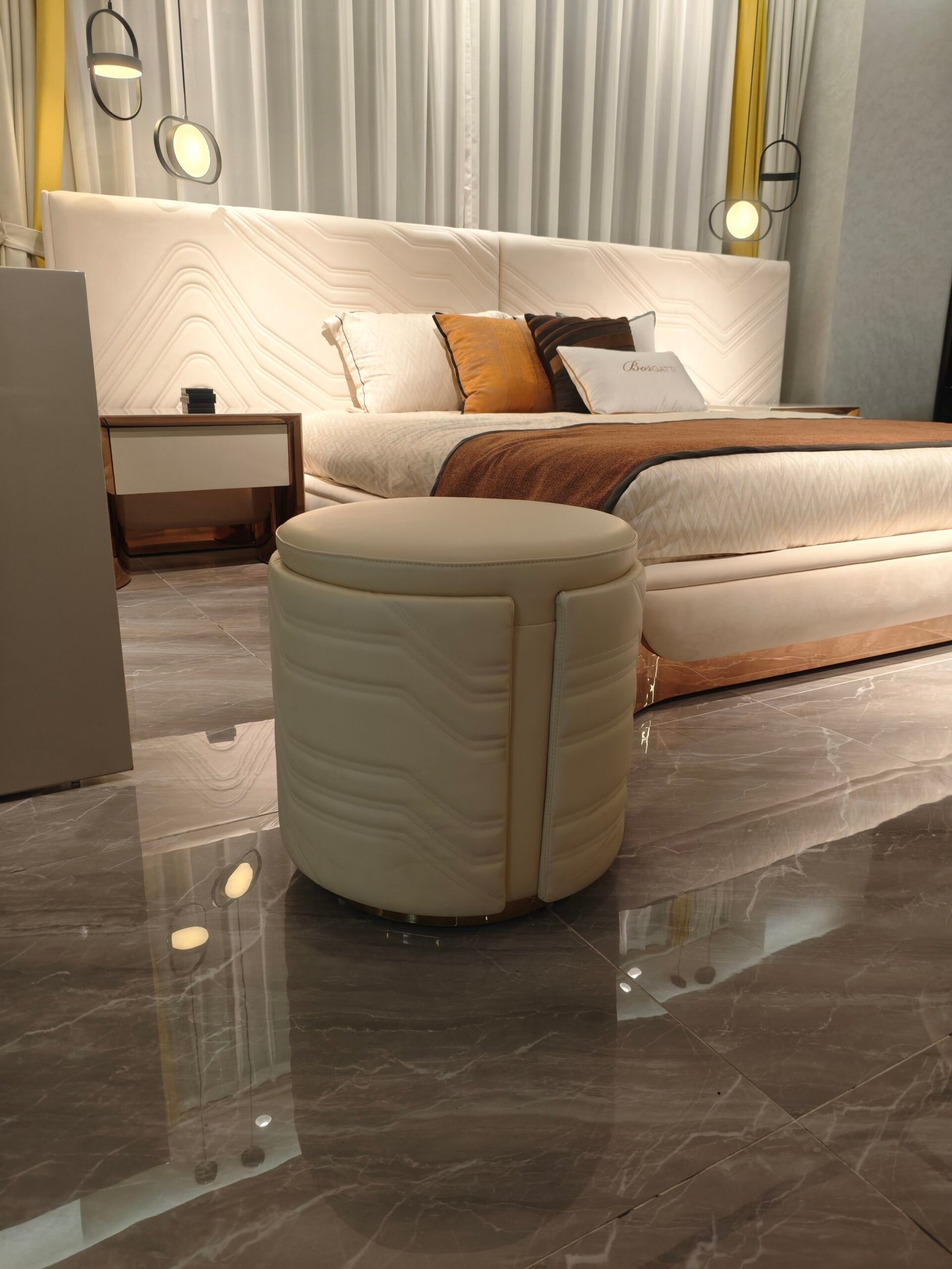 Leather ottoman seat compact vanity stool beige 470mm dimensions