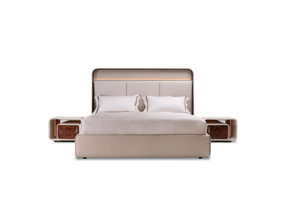 White poplar wood bed with LED lighting and faux leather headboard in modern bedroom