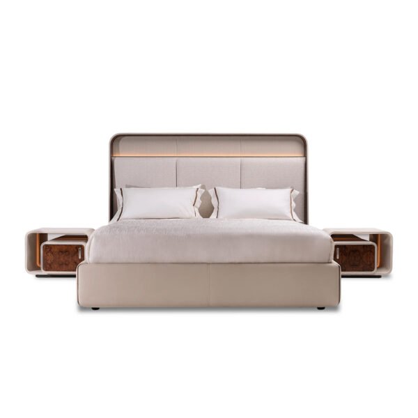 White poplar wood bed with LED lighting and faux leather headboard in modern bedroom