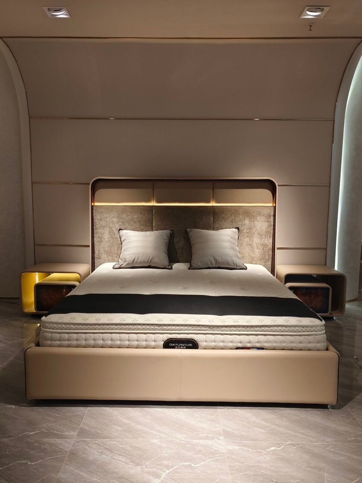 White poplar wood bed with LED lighting and faux leather headboard in modern bedroom