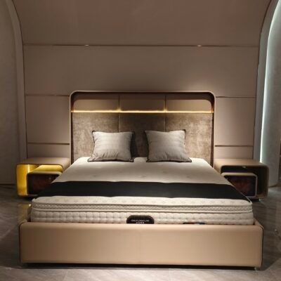 White poplar wood bed with LED lighting and faux leather headboard in modern bedroom