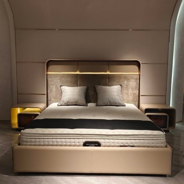 White poplar wood bed with LED lighting and faux leather headboard in modern bedroom