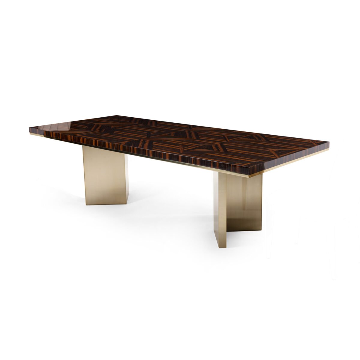 Luxury geometric dining table with intricate wood inlay pattern and bronze pedestal base full view