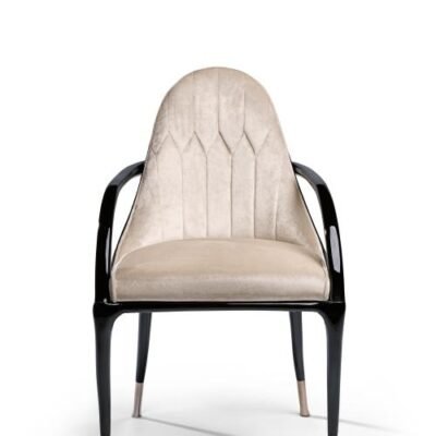 Luxury velvet dining chair with black frame rose gold hardware and beige upholstery full view