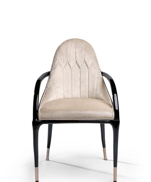 Luxury velvet dining chair with black frame rose gold hardware and beige upholstery full view