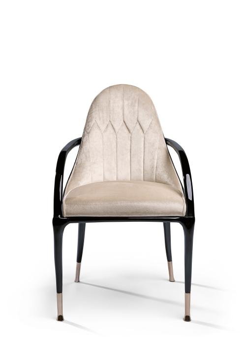 Luxury velvet dining chair with black frame rose gold hardware and beige upholstery full view