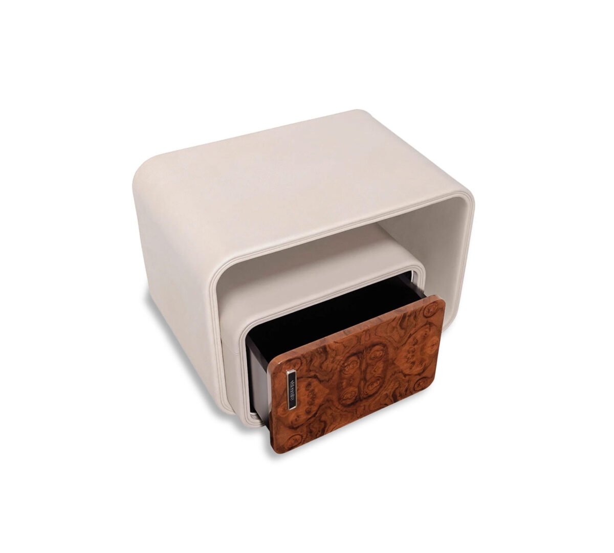 Contemporary bedside table with LED lighting featuring poplar burl veneer and curved design