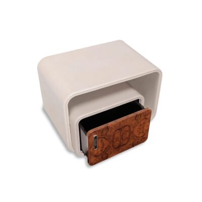 Contemporary bedside table with LED lighting featuring poplar burl veneer and curved design