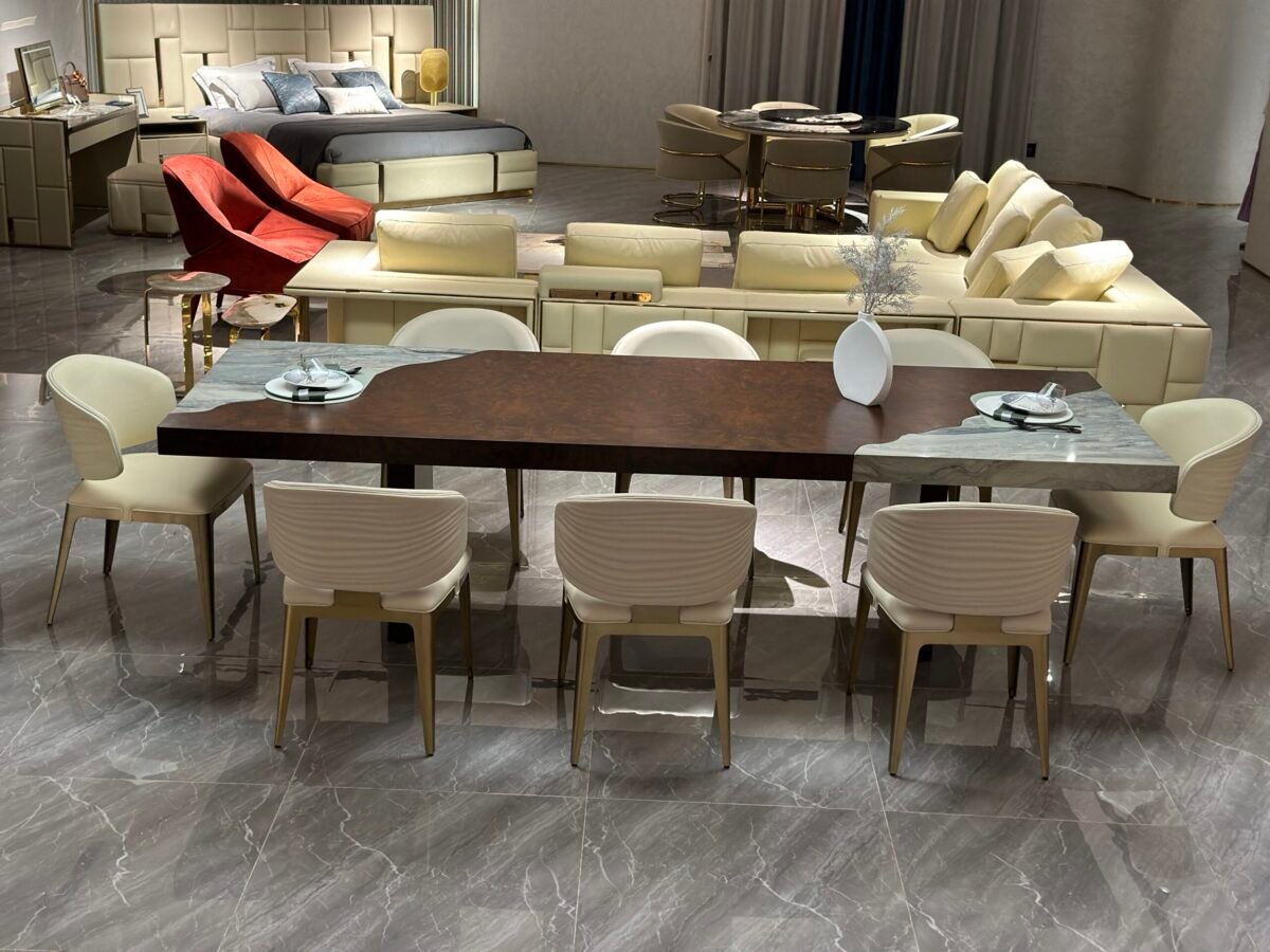 Large format dining table in contemporary restaurant setting with commercial dining table stone