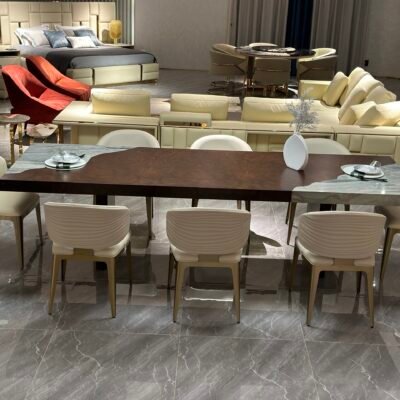 Large format dining table in contemporary restaurant setting with commercial dining table stone