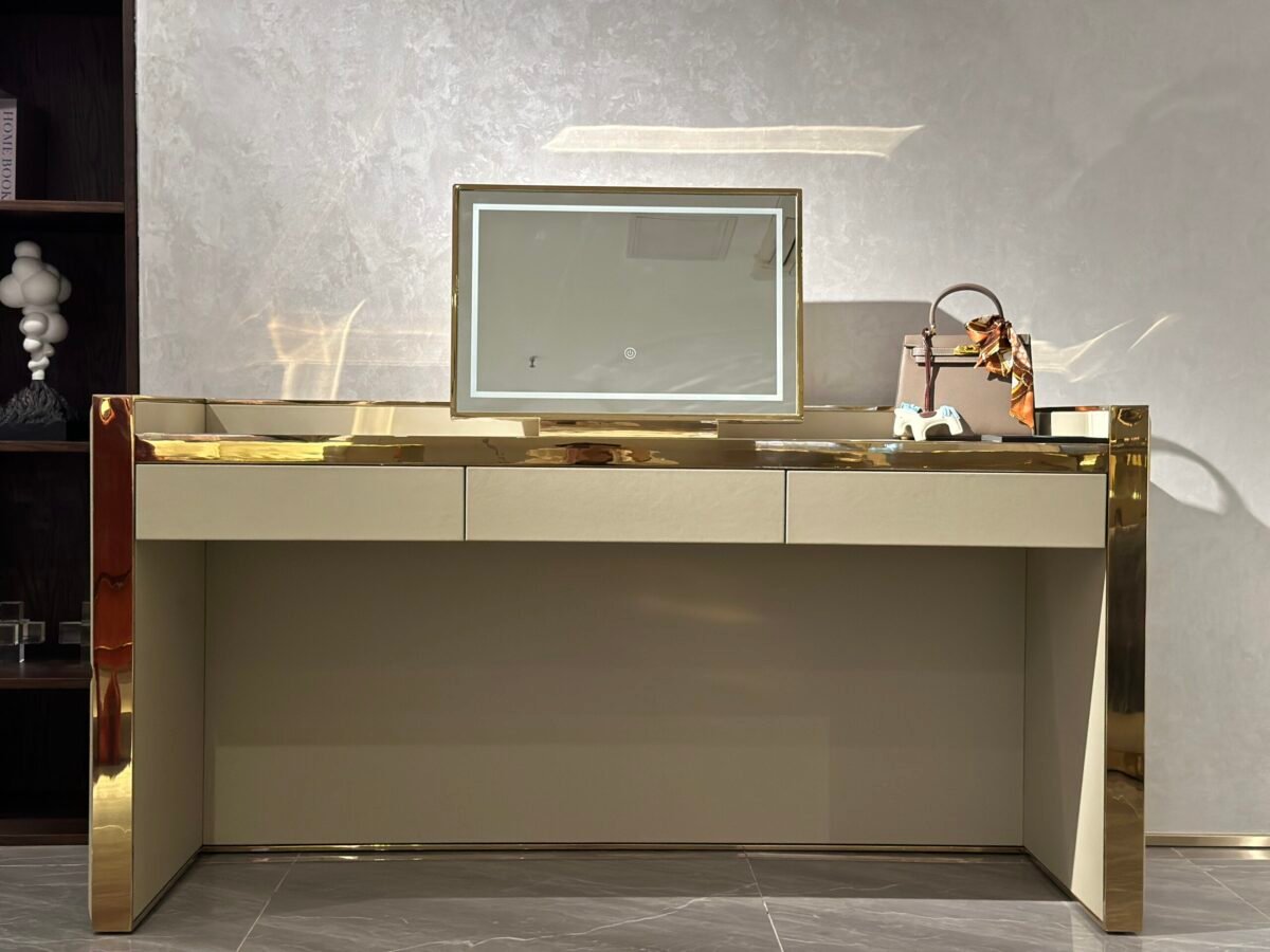 Modern vanity table mirror displayed in contemporary bedroom interior with luxury styling