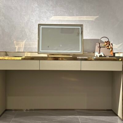 Modern vanity table mirror displayed in contemporary bedroom interior with luxury styling