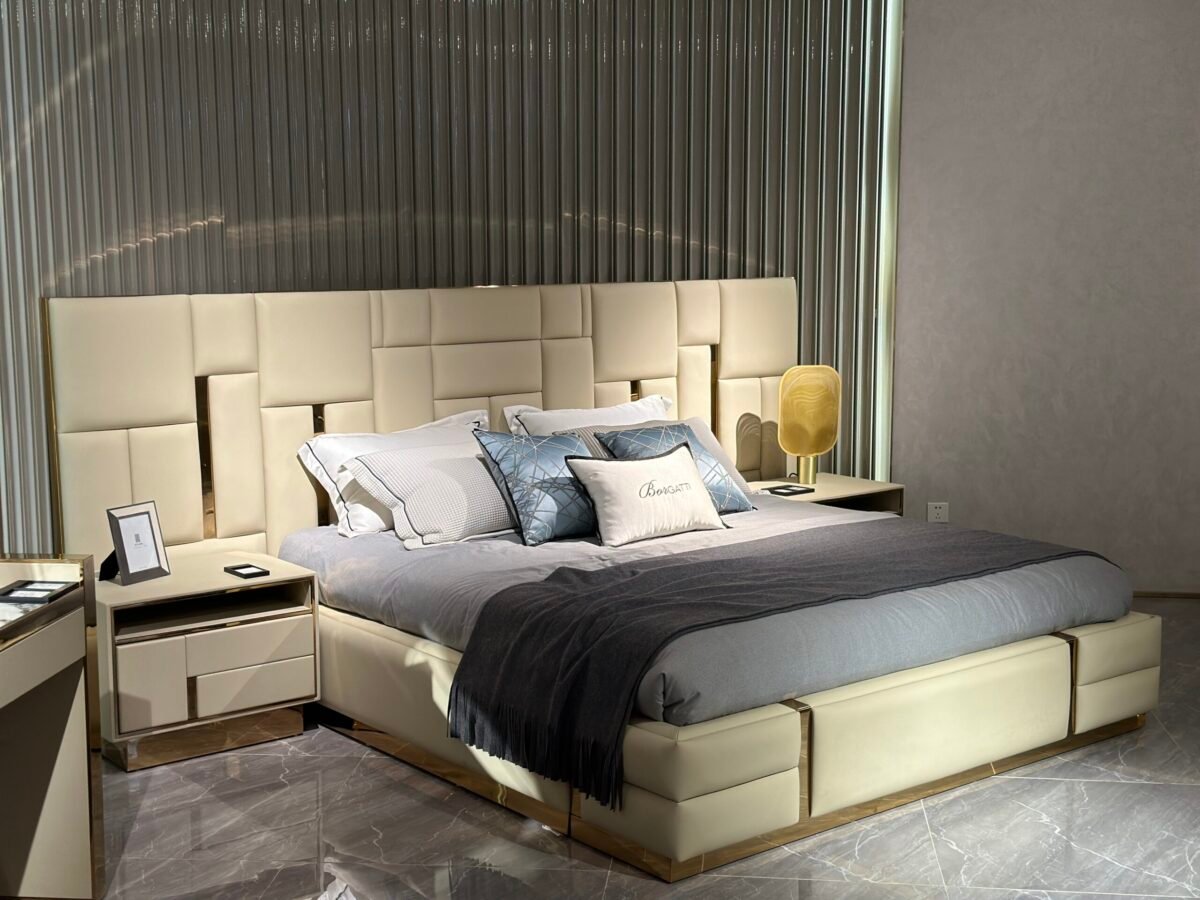 Complete Babylon bedroom furniture set with leather bed and nightstand modern lighting