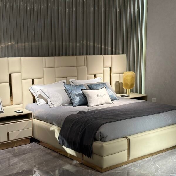 Complete Babylon bedroom furniture set with leather bed and nightstand modern lighting