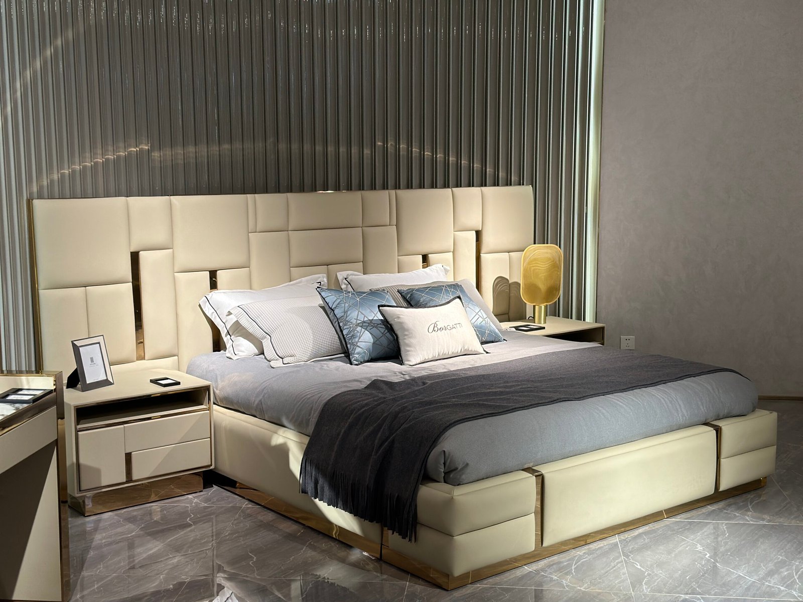 Complete Babylon bedroom furniture set with leather bed and nightstand modern lighting