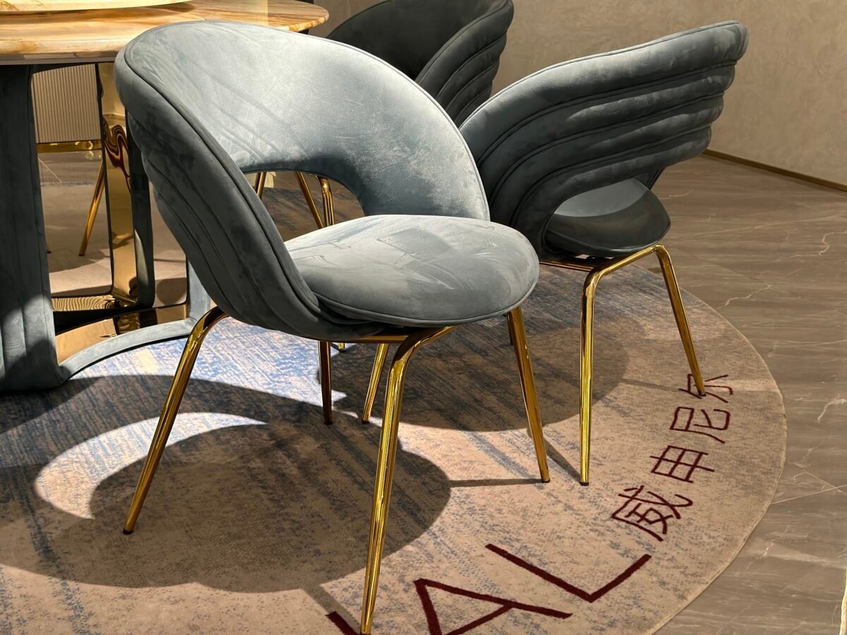 Commercial dining chair upholstery shown from multiple angles displaying curved ergonomic design specifications