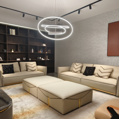 Contemporary home seating furniture – genuine leather luxury sofa in modern styled living room setting