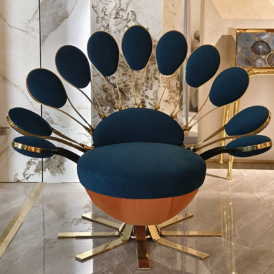 Peacock chair decorative furniture blue gold accent luxury bohemian hospitality commercial design boutique hotel restaurant statement