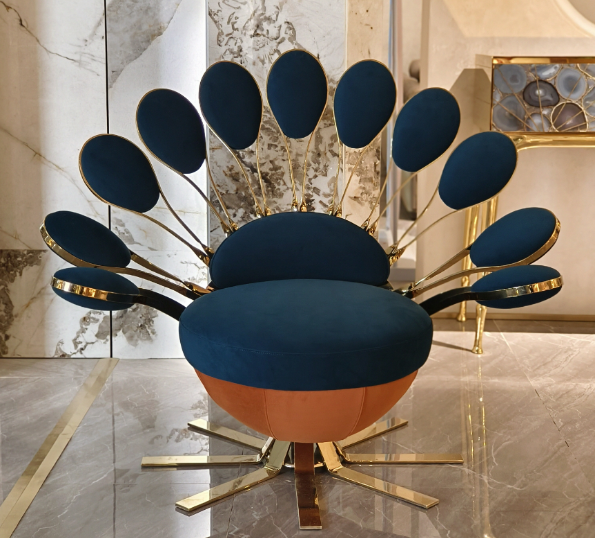 Peacock chair decorative furniture blue gold accent luxury bohemian hospitality commercial design boutique hotel restaurant statement