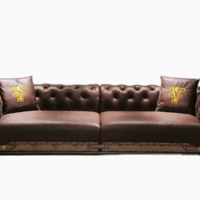 Waxed genuine leather luxury sofa set in rich brown with gold lettering and snakeskin trim detail