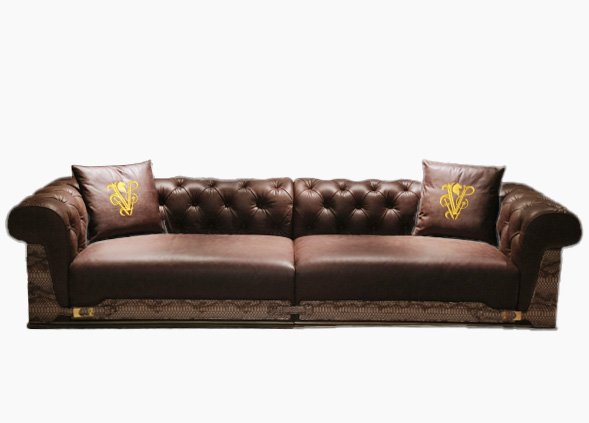 Waxed genuine leather luxury sofa set in rich brown with gold lettering and snakeskin trim detail