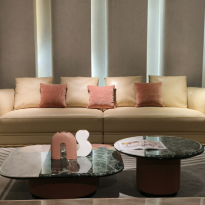 Beige genuine leather modular sofa collection four-piece configuration with metal feet in modern living room