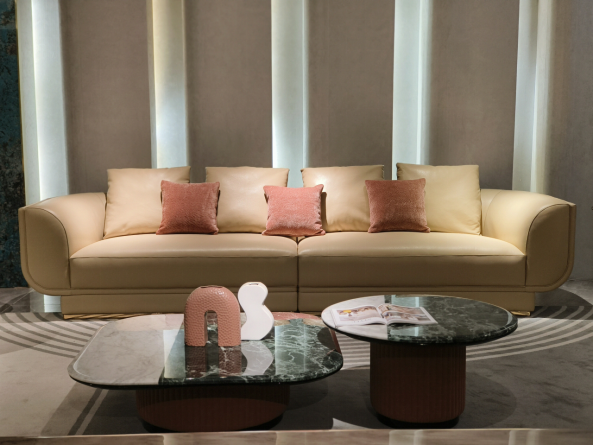 Beige genuine leather modular sofa collection four-piece configuration with metal feet in modern living room