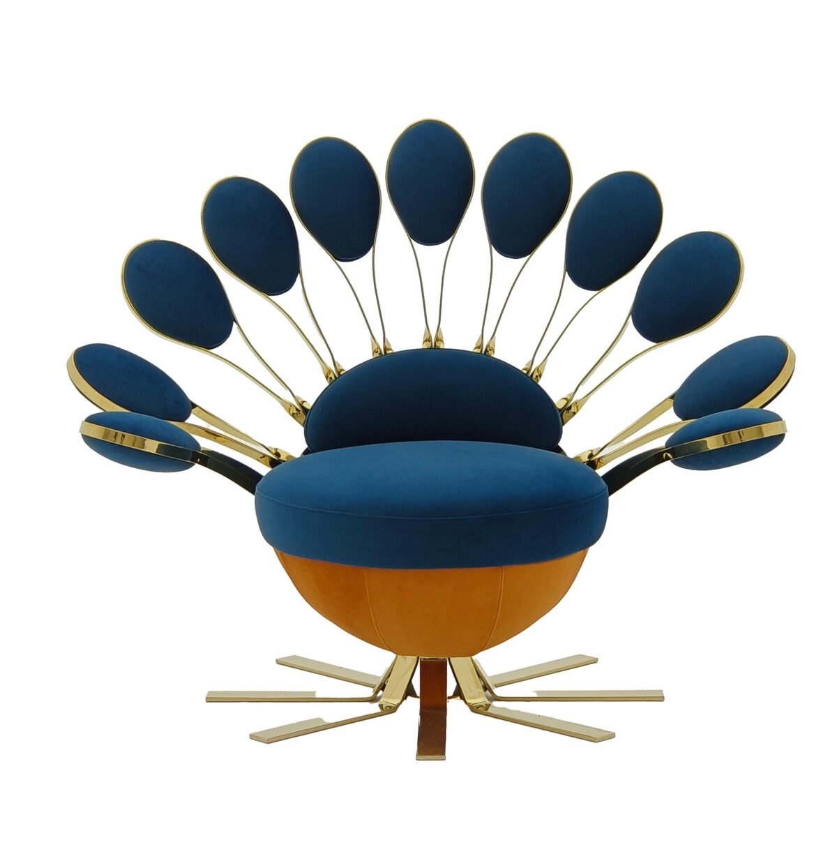 Peacock chair decorative furniture blue gold accent luxury bohemian hospitality commercial design boutique hotel restaurant statement