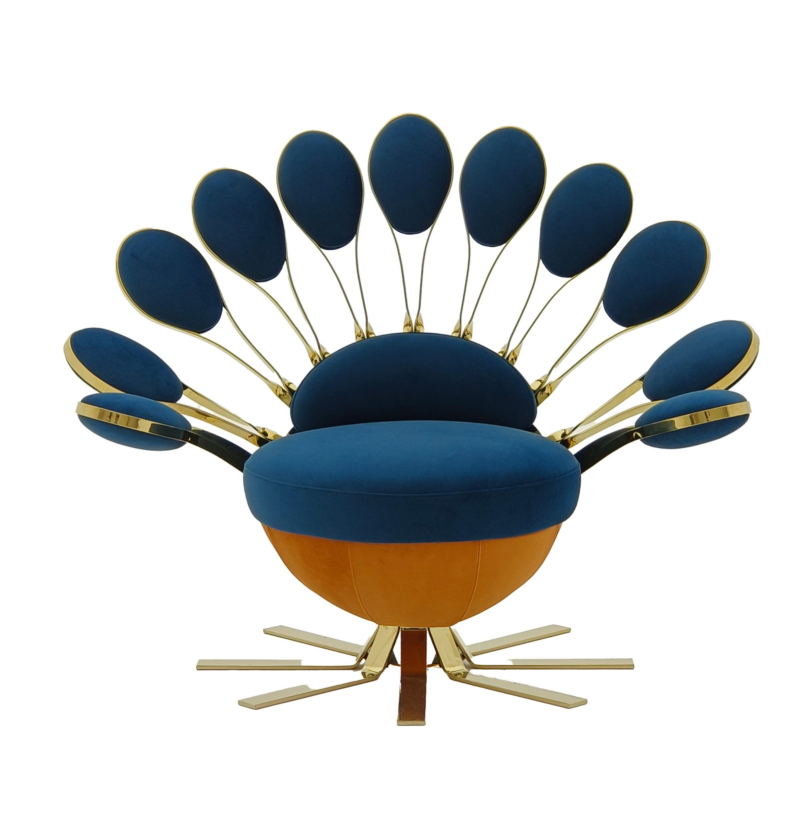 Peacock chair decorative furniture blue gold accent luxury bohemian hospitality commercial design boutique hotel restaurant statement