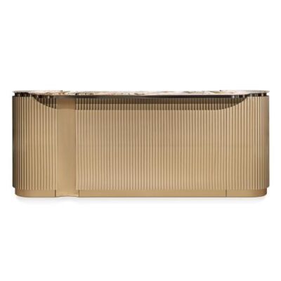 Modern entertainment cabinet featuring natural blue gold sandstone finish with premium wood veneer and gold hardware accents