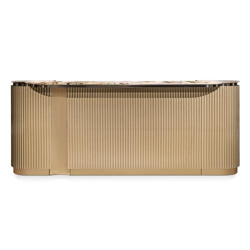 Modern entertainment cabinet featuring natural blue gold sandstone finish with premium wood veneer and gold hardware accents