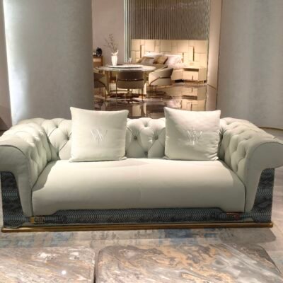 Genuine leather snakeskin trim sofa four and two seater set with blue accent pillow