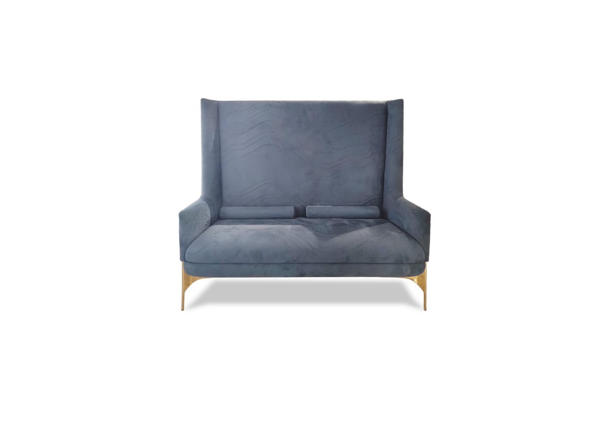 High back velvet armchair blue luxury statement chair gold legs hospitality furniture boutique hotel lobby commercial design