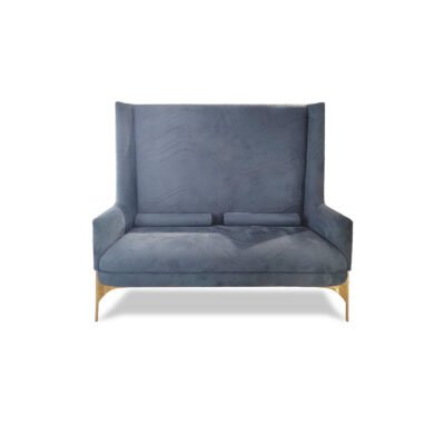 High back velvet armchair blue luxury statement chair gold legs hospitality furniture boutique hotel lobby commercial design