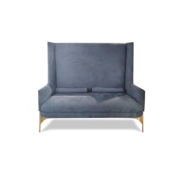 High back velvet armchair blue luxury statement chair gold legs hospitality furniture boutique hotel lobby commercial design